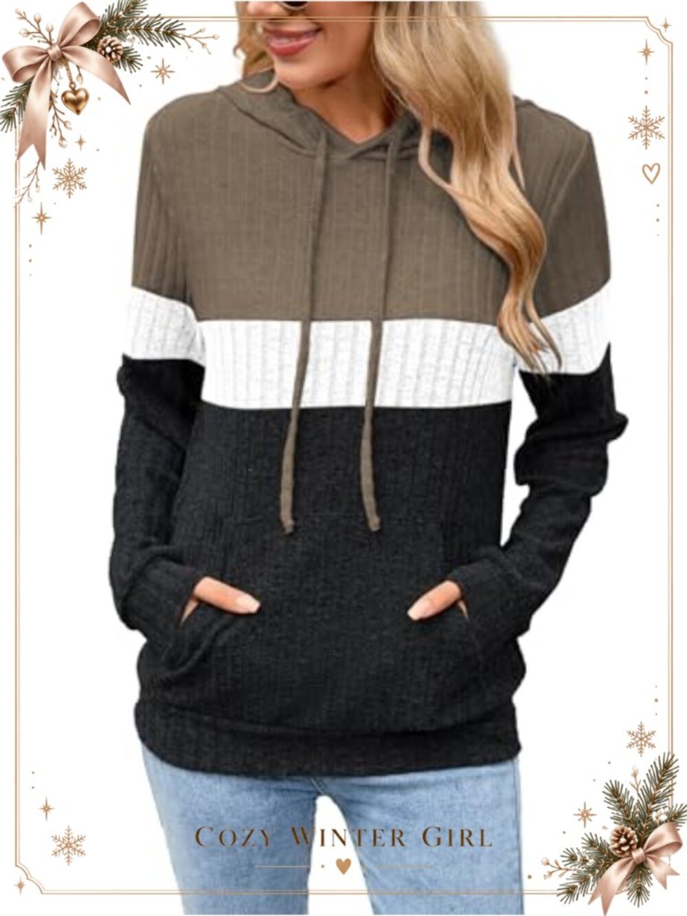 Famulily Women's Lightweight Color Panel Pullover Hoodie Drawstring Sweatshirt